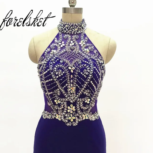 Royal Purple Beaded Halter Prom Dresses