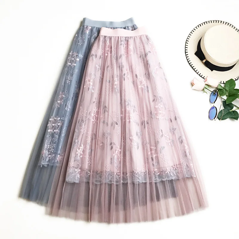 

Long Mesh Skirt Pleated 2020 New Summer Sweet Fairy A-Line Skirts Floral Embroidery Tulle Midi Skirt Saias Faldas Jupe Femme