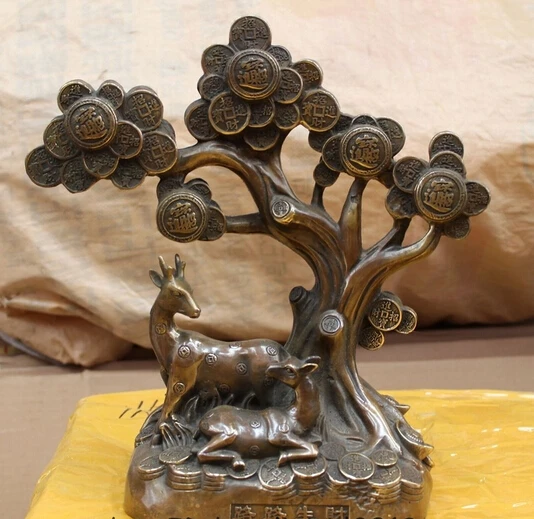 

wholesale factory 11" China Chinese Bronze Animal Feng Shui Folk Money Tree longevity Deer Statue