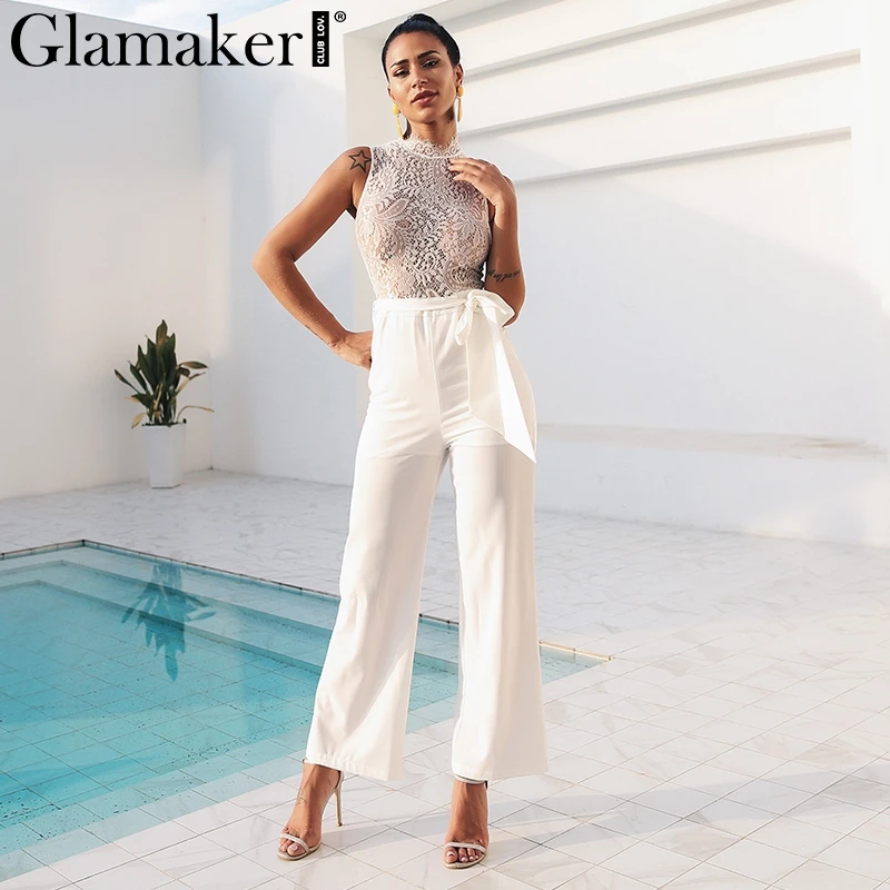 Женский прозрачный кружевной комбинезон Glamaker белый длинный без рукавов с поясом