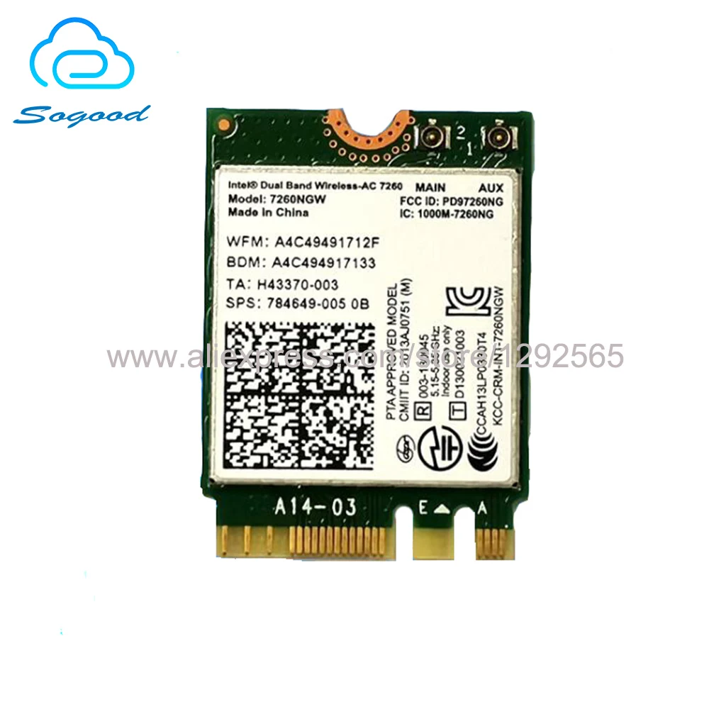 Беспроводная карта Intel Dual Band Wireless AC 7260 7260NGW 867 Мбит/с NGFF 2 4G & 5G 802.11ac BT 4 0 сетевая для HP SPS 784649 005| |