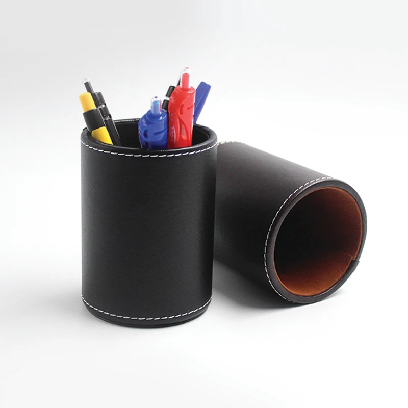 Business Office Supplies Black Leather Round Pen Holder Pencils Stands