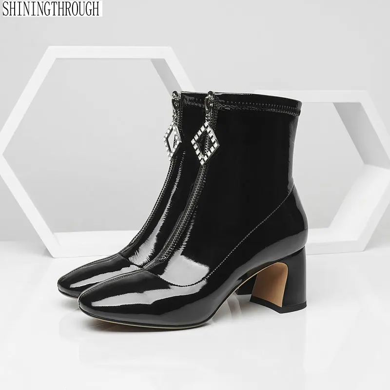 

Ne genuine leather vintage square toe thick high heels solid women punk handsome superstar stretch ankle boots large size 43