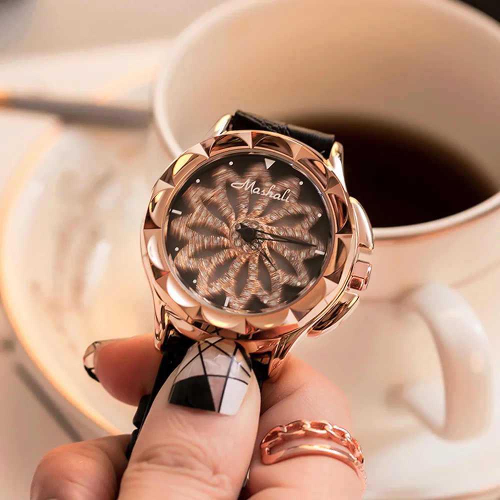 

Creative Women Rotation Diamond Flower Pattern Watches Fashion Ladies Watch Brand Leather Band Big Dial Bracelet Wristwatch