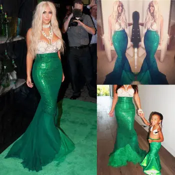 

Princess Ladies Children Girls Halloween Cosplay Costume Fantasy Party Pailets Maxi Cock Long Green Skirt Adult Ariel