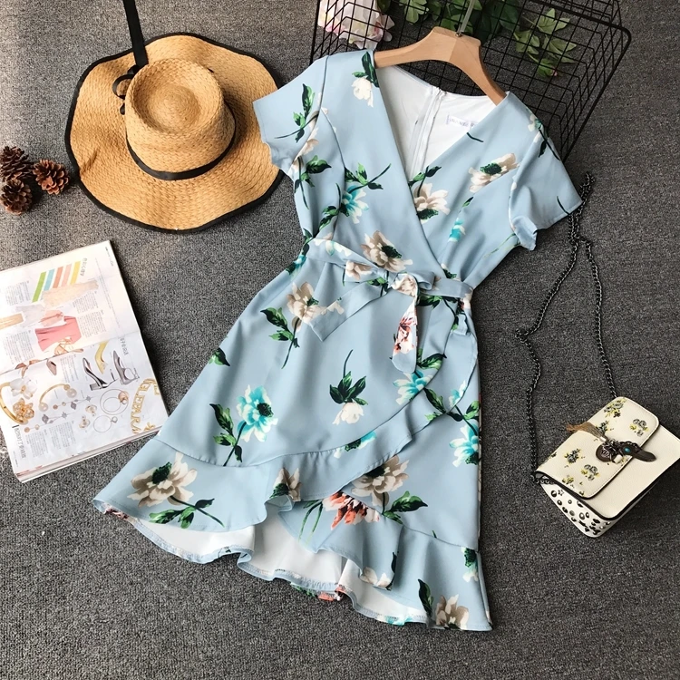 

Summer Women Mini Dress High Waist V-neck Flower Printing Sashes Ruffles Wrap Dress Female Blue Irregular Ruffled Vestidos