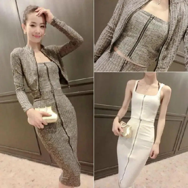 

Sweater suit female 2019 new style autumn and winter base knit fashion suit temperament female bag hip skirt three-piece suit