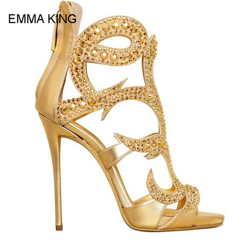 

EMMA KING Laser Cut Hollow Out Sexy Women Sandals Luxury Crystal Decoration Peep Toe Thin High Heels Back Zipper Mujer Shoes