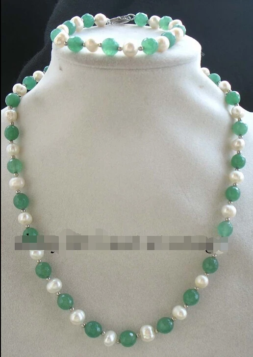 

freshwater pearl green agate round necklace bracelet 18" (A0423) -Top quality free shipping