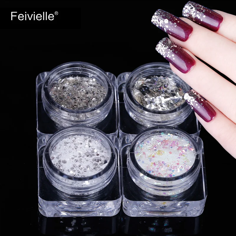 Feivielle 4 шт. различных типов серебро сверкающих 3D Блестящий декор для ногтей ломтик разноцветные, блестящие порошок дизайн ногтей Советы украшения