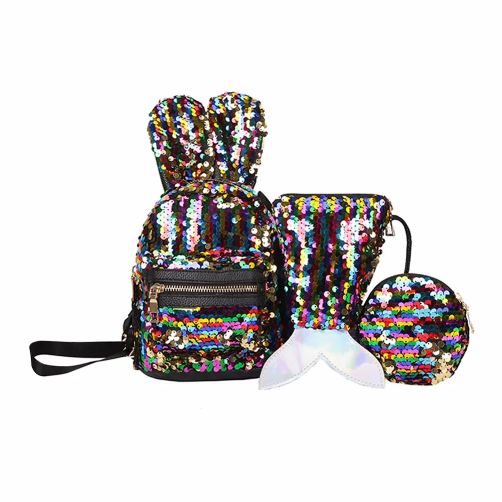 

1/3pcs/Set Mini Shining Sequins School Backpack Women Rabbit Ears Rucksack Cartoon Label Purse Zipper Shoulder with Small Bag