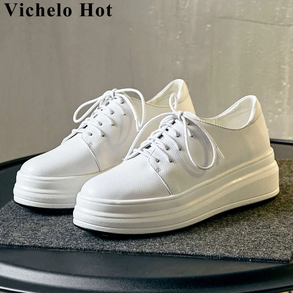 

Vichelo Hot natural leather thick bottom waterproof lace up sneakers round toe pretty girls Spring brand vulcanized shoes L89