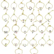 26 Initial Alphabet Charm chain adjust ring Gold color rainbow cz paved letter personalized finger ring fashion