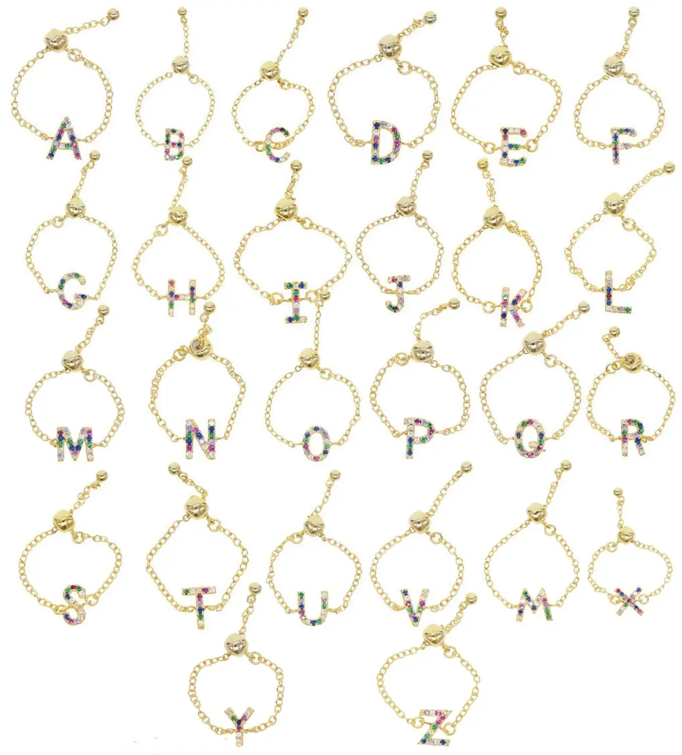 

26 Initial Alphabet Charm chain adjust ring Gold color rainbow cz paved letter personalized finger ring fashion