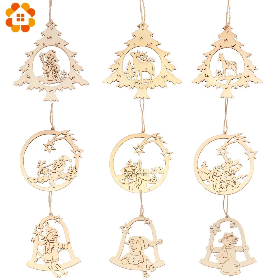 

3PCS Creative Hollow Wooden Christmas Pendants Ornaments Wood Crafts Xmas Tree Ornament Kids Gift Christmas Party Decorations
