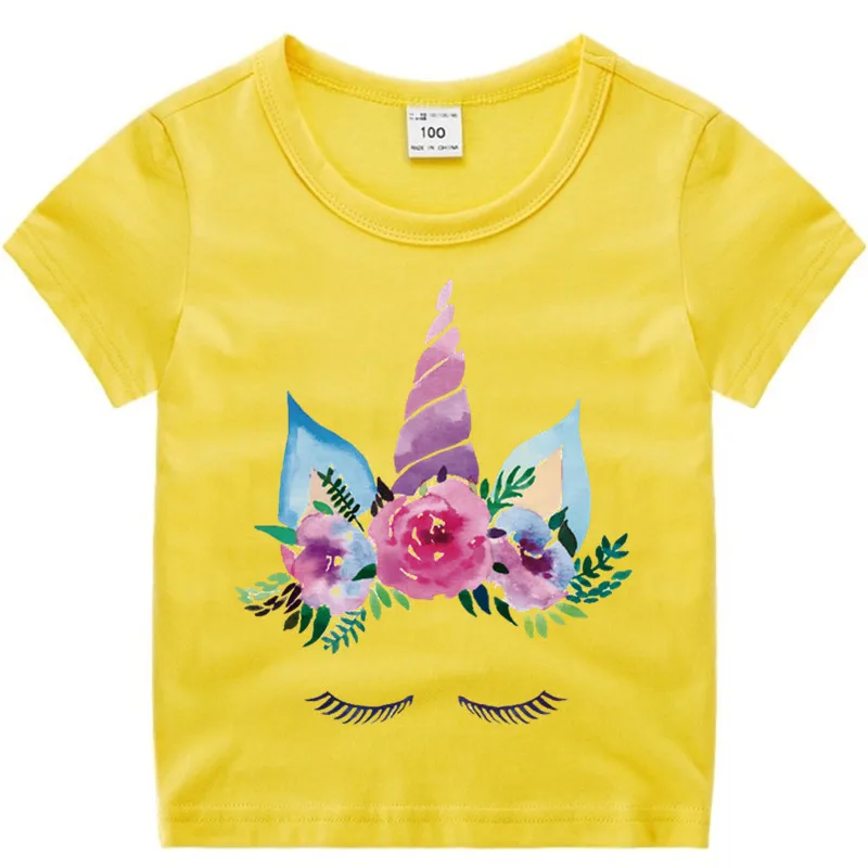 T107-yellow Хлопковая футболка с рисунком единорога и головы для маленьких девочек детская Рождественская футболка с единорогом детская футболка для малышей Роскошный топ - Цвет: T107-yellow