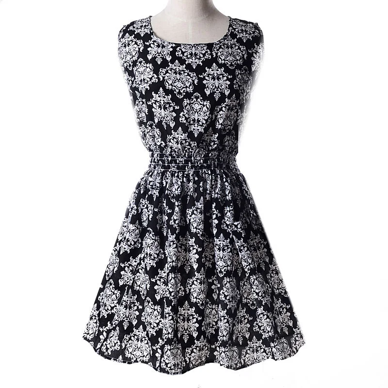 INDJXND летнее платье дамы печати повседневное женский стиль модные офисные женская одежда Дешевые богемный пляжное платье без рукавов - Color: 8  black porcelain