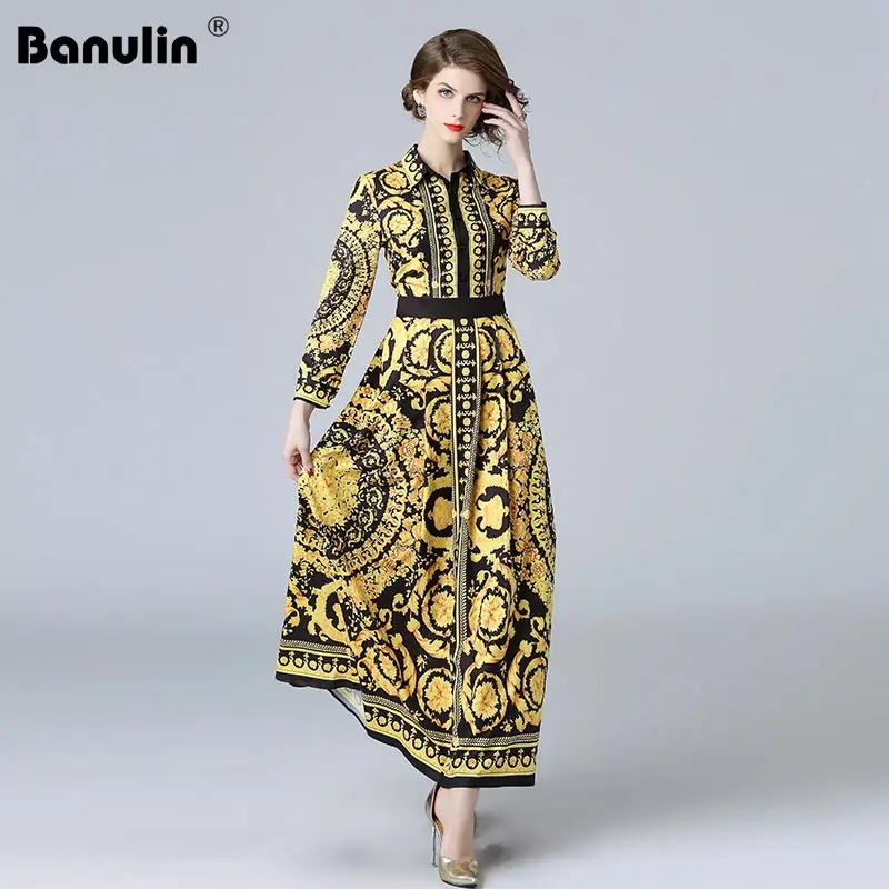 

Banulin HIGH QUALITY 2018 Newest Fashion Runway Dress Women's Long Sleeve Crystal Retro Floral Elegant Printed Vintage Dresses