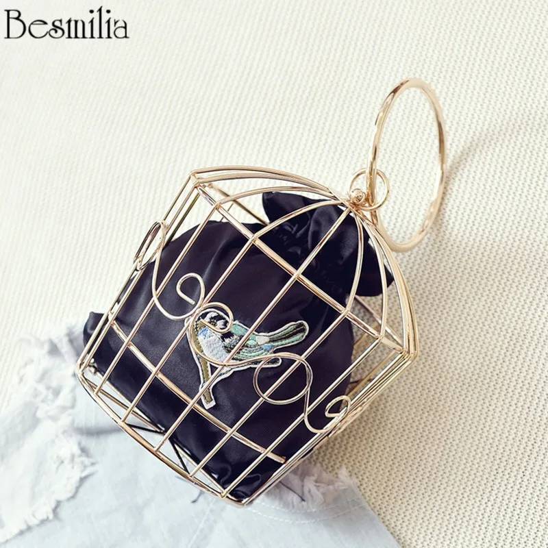 

NEW Design Women's Evening Bag Metal Frame Embroidery Bird Cage Shape Mini Bag Hollow Out Purse Tassel Party Handbag Catwalk Bag