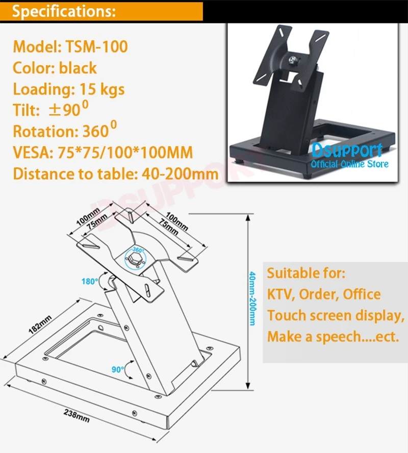 Полный движения складной 14-24 дюймов сенсорный экран стенд монитор держатель тв крепление стальное основание загрузка 15 кг TSM-100