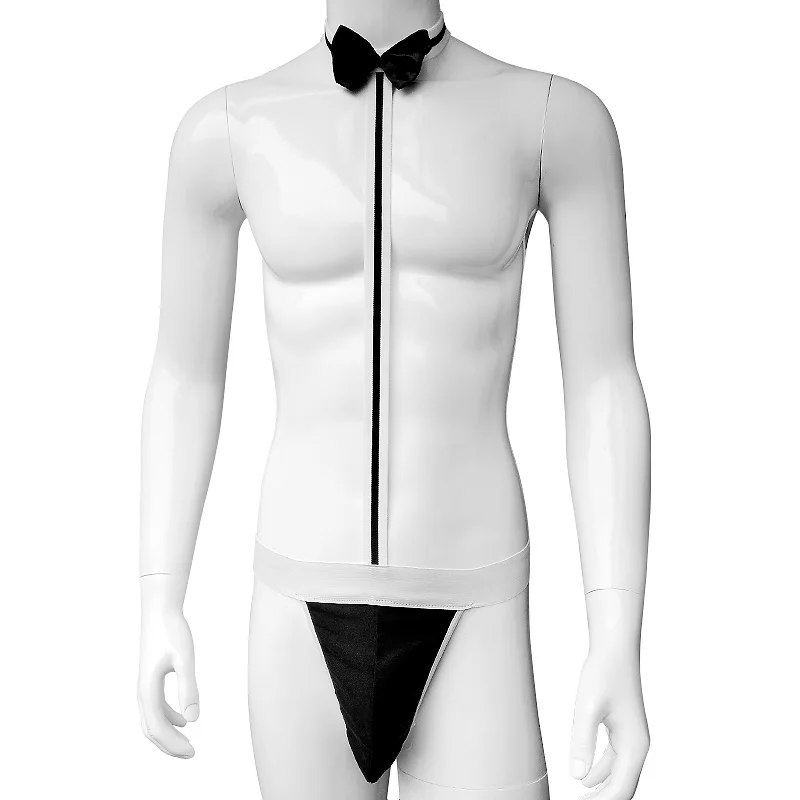 

Men Bodysuit Underwear With Bow Tie Adult One-piece Halter Bikini Sexy Waiter Butler Costume G-string Thong Mankini Jockstrap