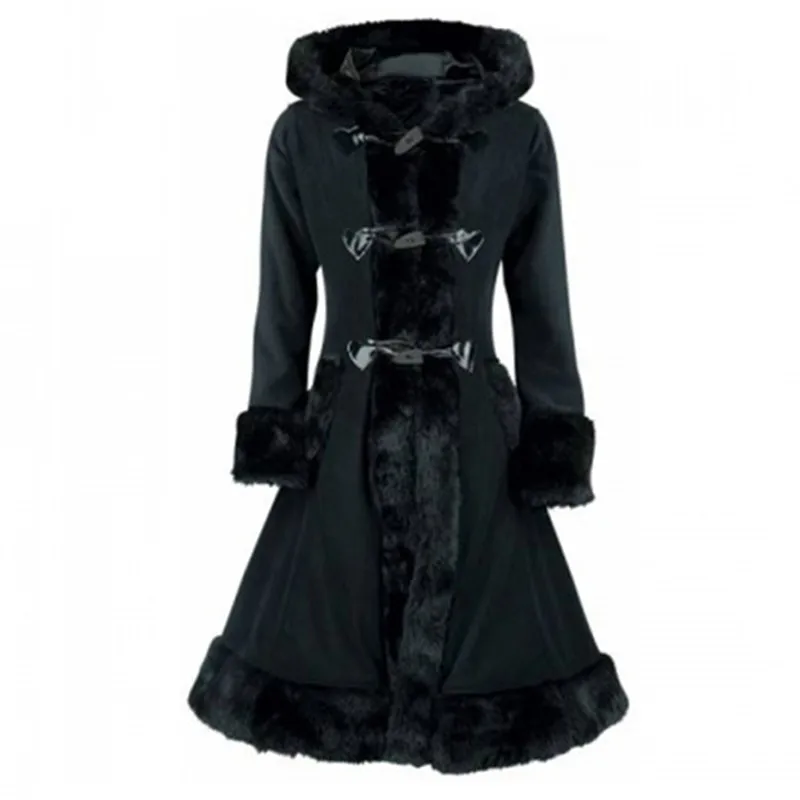 

2019 Coat Black Flocking Women Winter Goth Trench Retro Outwear Tops Autumn Gothics Coats Overcoat Hooded Vintage Slim
