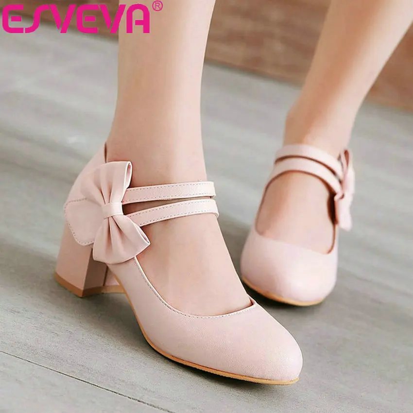

ESVEVA 2019 Women Pumps Hook Loop Square High Heel Sandals Butterfly-knot Elegant Shallow Pumps Round Toe Women Shoes Size 34-43