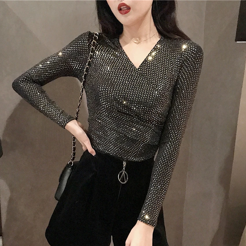 

Korean Sexy V-Neck Sequined Tshirt Zipper 2019 New Spring Autumn High Street Women Long Sleeve T Shirts Tops Outside T93411