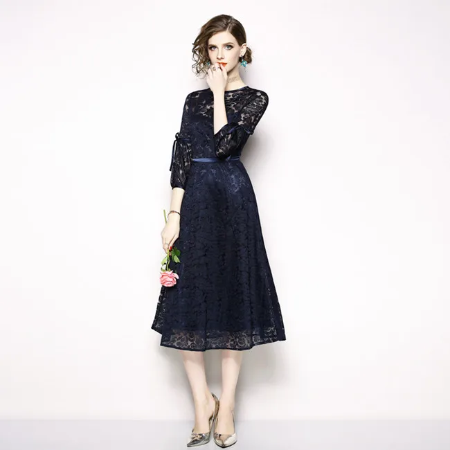 navy blue YiLin Kay/высококачественное кружевное подиумное платье, летнее женское кружевное платье с круглым вырезом и рукавом 3/4 - Цвет: navy blue