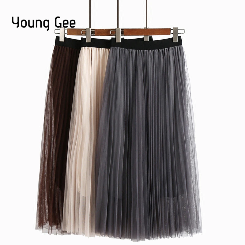 

Young Gee Summer Fancy Skirts Womens Elastic High Waist Casual Tulle Mesh Long Maxi Pleated Skirt Tutu Saias midi faldas jupe