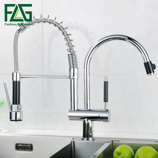 Special Offers FLG Free Shipping Torneira Cozinha Polished Chrome Brass Double Spouts 360 Degree&Pull Out Kitchen Faucet.kitchen sink mixer tap