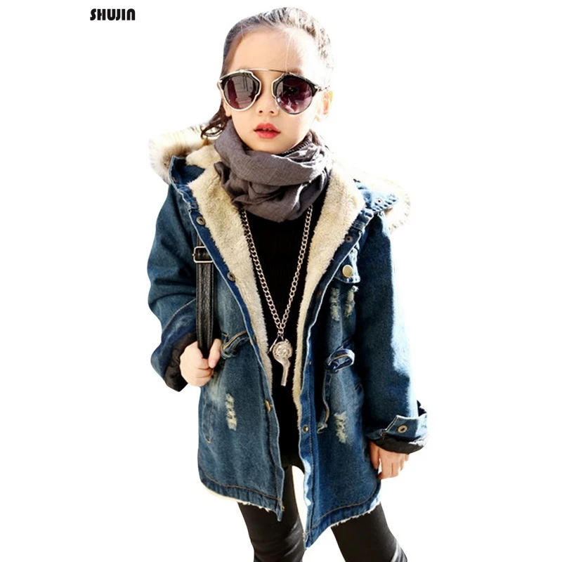 

Shujin Children Kids Girl Denim Jacket Large Fur Collar Cotton Denim Outerwear Autumn Winter Plus Thick Velvet Jacket For Girl
