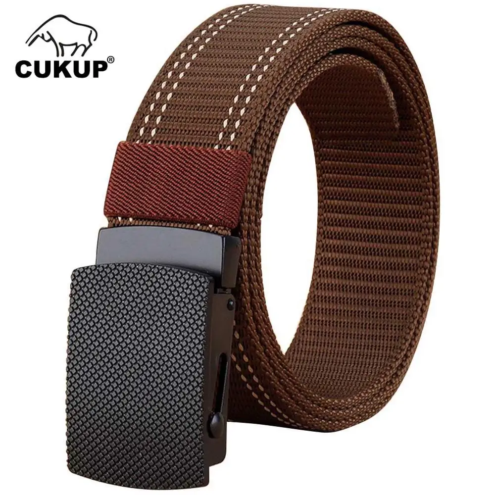 

CUKUP 2022 New Design Men's Quality Striped Nylon Belt Black Zinc Alloy Buckles Metal Canvas Belts for Men 125cm Length CBCK136