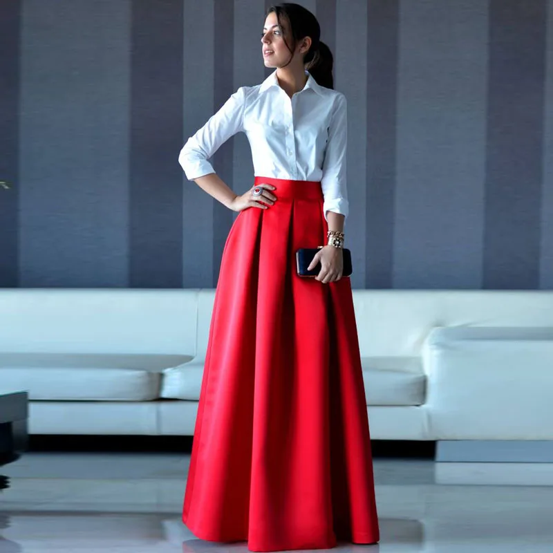 Изысканные красные длинные юбки модные женские с высокой талией невидимая молния Длина до пола плиссированные вечерние юбки индивидуальный заказ Макси Saia - Цвет: Красный