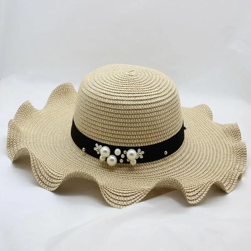 Круглый Raffia широкополый соломенный головной убор летние солнечные шляпы для женщин складные Панамы жемчужные пляжные шляпы для отдыха Дамская свободная травяная шляпа