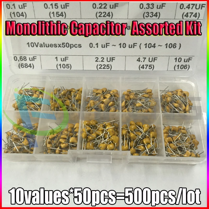 

500pcs 10Valuesx50 0.1uF~10uF (104~106) Multilayer/Monolithic Ceramic Capacitor Assorted kit with storage box