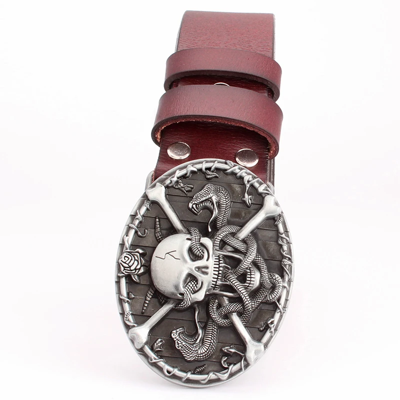 

drop shipping men's cowskin leather belt skull buckle heavy metal rock punk belt snake pattern Hip hop accessories