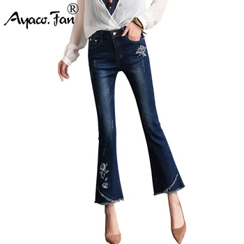 

Vintage Embroidery Flower Ankle-Length Flare Pants Students New Fashion Regular Female Slim Denim Ladies Trousers Women Jeans