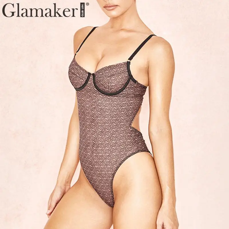 Glamaker مثير خمر طباعة ارتداءها النساء قمم الصيف أنيقة بذلة رومبير الإناث حزب نادي شفافة playsuit وزرة