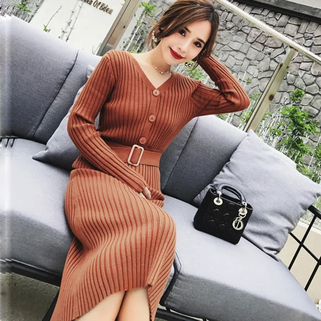 

Autumn Winter Knit Dress Women Casual V Neck Slim Bodycon Sweater Dresses Office Lady Korean Style Button Dress With Belt D285