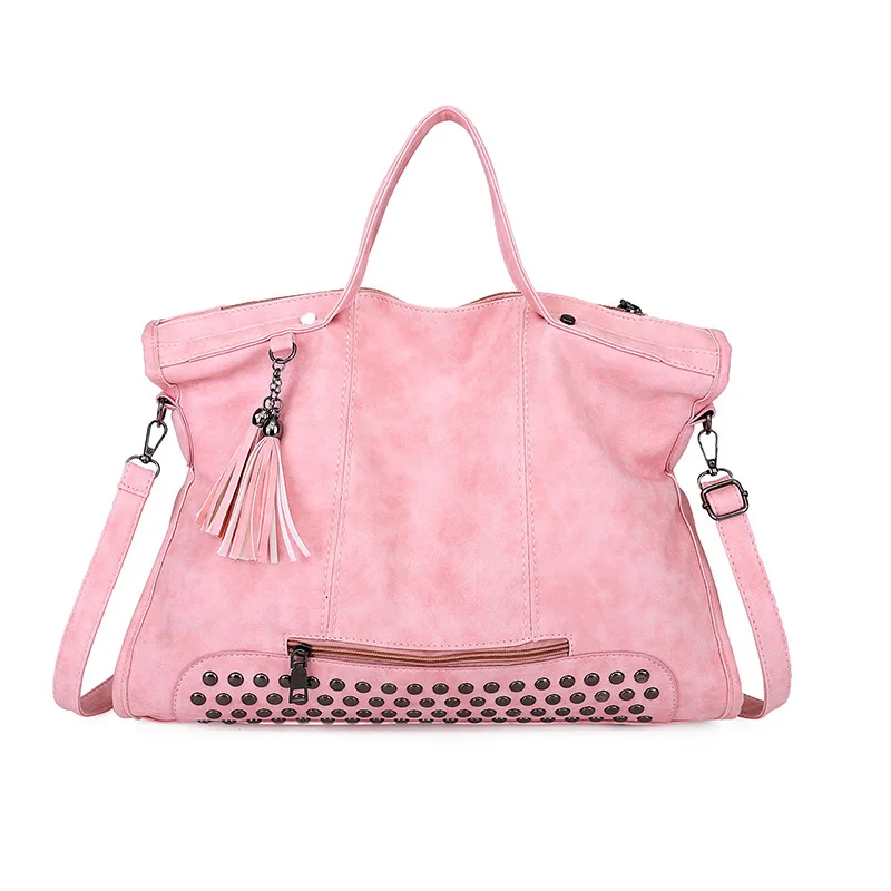 Scrub Rivet Soft Leather Bag New Fashion Tassel Handbag Large Capacity Casual Wild Shoulder Messenger Bag Female - Цвет: Pink