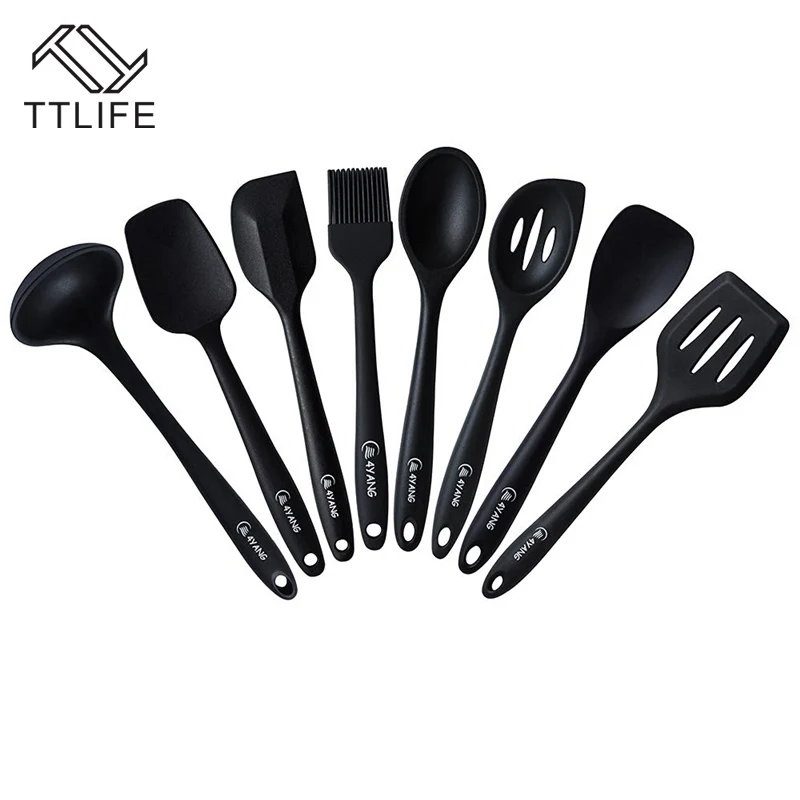 TTLIFE FDA Approved 8pcs Black Silicone Kitchen Cooking Tools Utensil