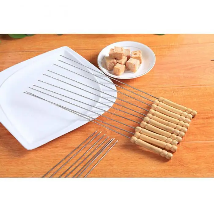 Stainless Steel BBQ Skewer Sticks Fruit Shish Kebab Meat Wood Handle Barbecue Sticks P7Ding