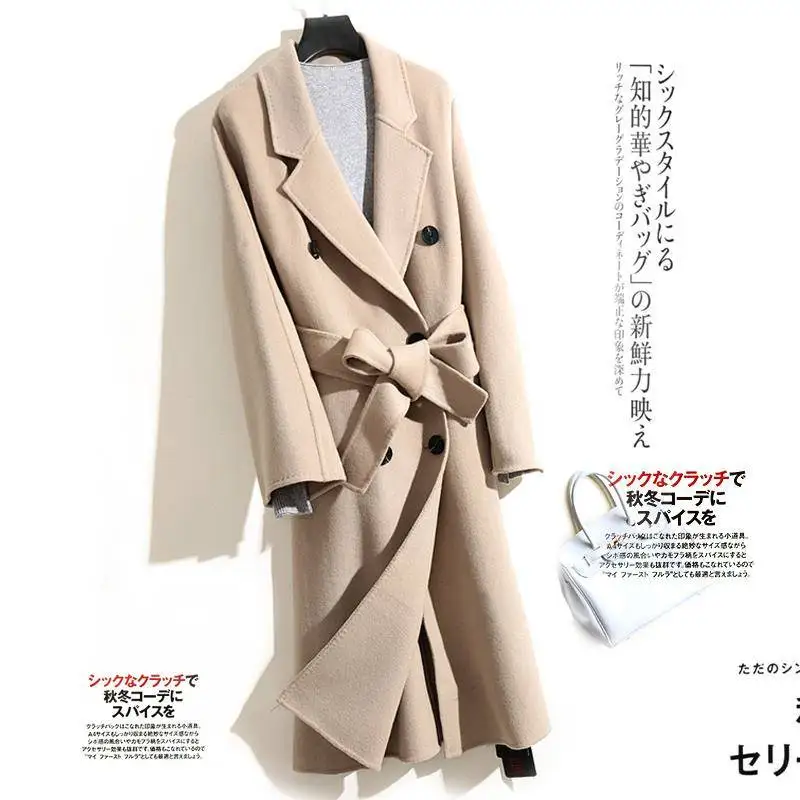 

2019 Autumn Winter Women Double-Breasted Woolen Coat Lapel Lacing Belt Tow-Sided Wool Coat Female 100% Cashmere Overcoats M93