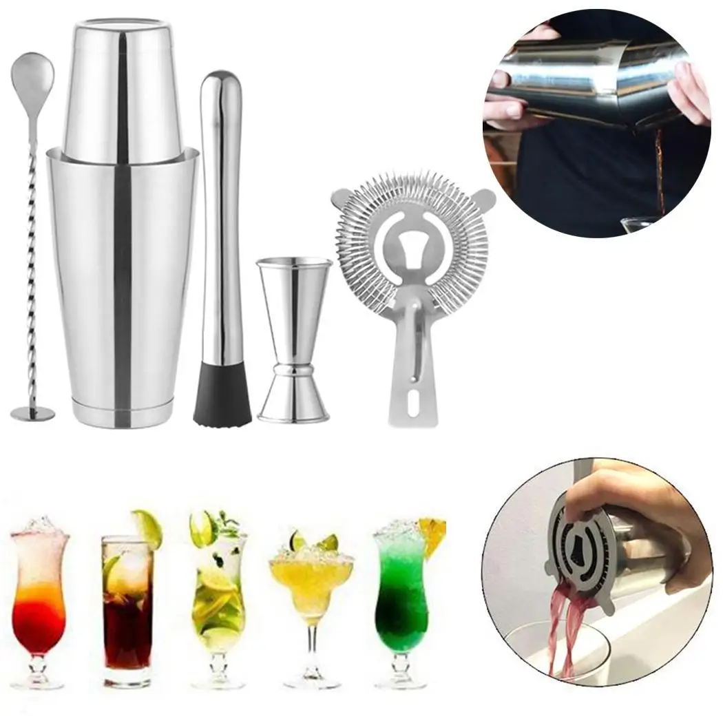 

Stainless Steel Boston Cocktail Shaker Kit Silver 5pcs 1.082kg for Party Bar