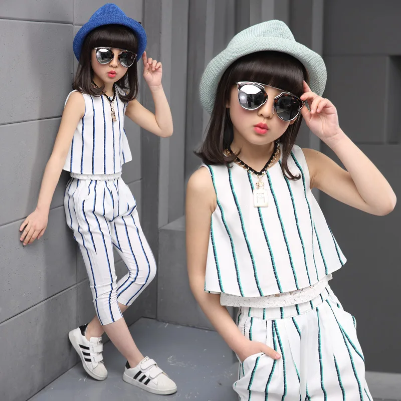 

girls clothes suits 2016 summer fashion striped vest T-shirt pants two pieces tracksuit children clothing set kids clothes