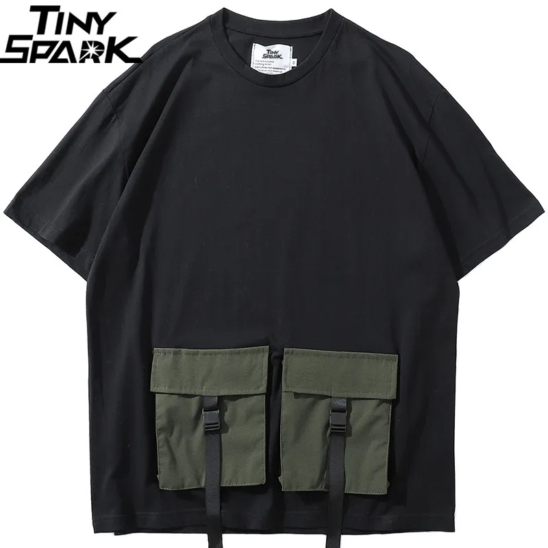 

2019 Hip Hop T Shirt Streetwear Multi Pocket Ribbon Swag T-Shirt Men Harajuku Summer Street Wear Tops Tees Cotton Tatical Tshirt