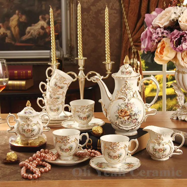 New arrival classical flowers design embossed outline in gold bone china 15pcs coffee set coffee pot cups and saucers tea set New arrival classical flowers design embossed outline in gold bone china 15pcs coffee set coffee pot cups and saucers tea set