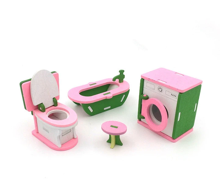 Кукольный домик Миниатюрные игровые игрушки детский набор деревянные строительные блоки игрушки индивидуальность креативная кухонная мебель стол - Цвет: bathroom 2