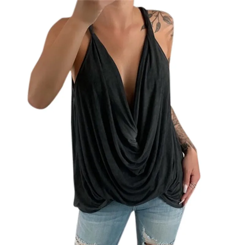 

Oufisun 2019 Summer Fashion Sleeveless Solid T-Shirt Deep V-Neck Sexy Spaghetti Strap T-Shirts Loose Joker Women's Tops T-shirt